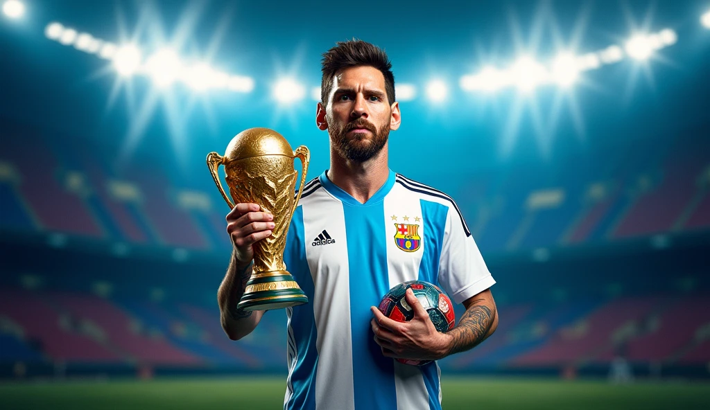 Create a vibrant and impactful video cover for a documentary about Lionel Messi. The central image should be of Messi in the spotlight, with his Argentina shirt, holding the World Cup trophy in one hand and the Ballon d'Or in the other. Ao fundo, include symbolic elements of your career, like the Camp Nou stadium, the logo of FC Barcelona and PSG, in addition to the flags of Argentina and Barcelona. Use a bright, contrasting color scheme, like blue and gold, to attract attention. Add the title "The Story of Lionel Messi: From Dream to Glory" in a bold, modern font at the top, with light effects to highlight it.