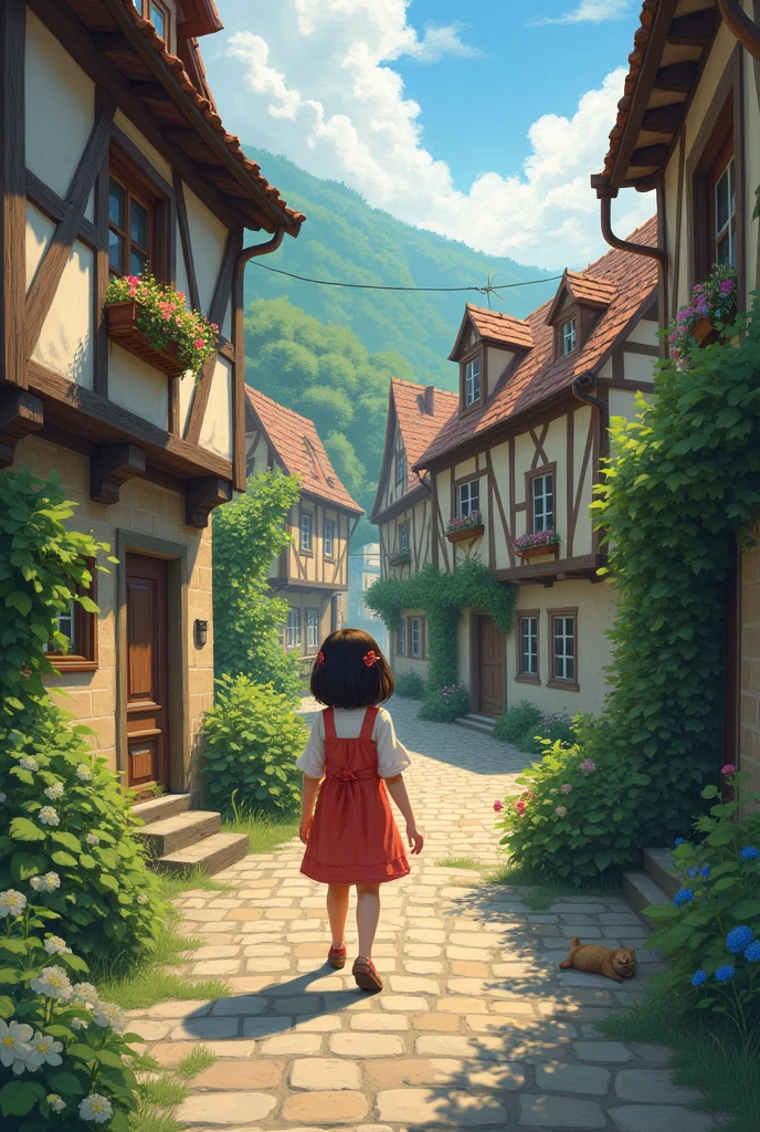 Une fille cherchant quelque chose dans un village en vain.