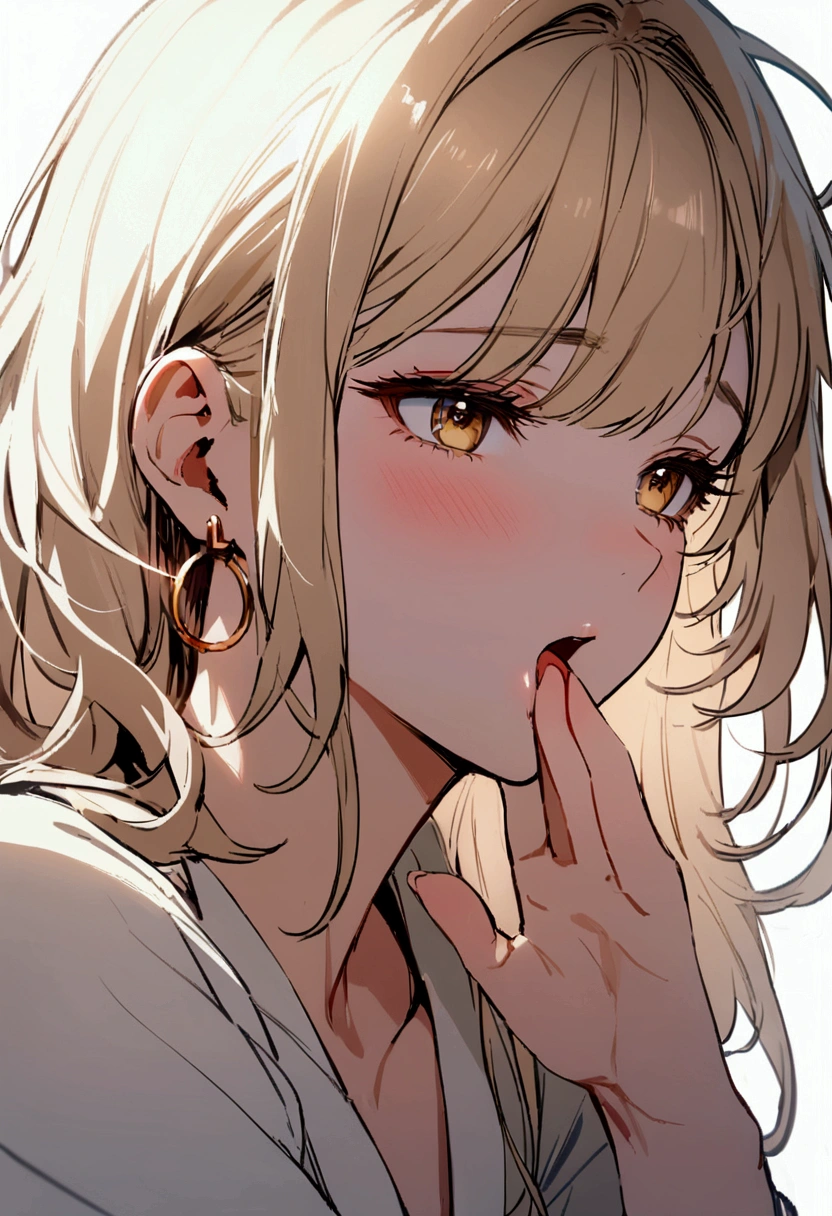 Girl, simple gold hoop earrings, touches his nose, yawns