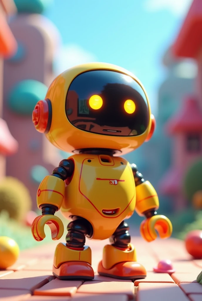 Animated image of a funny and playful robot with tender eyes in Lego style
