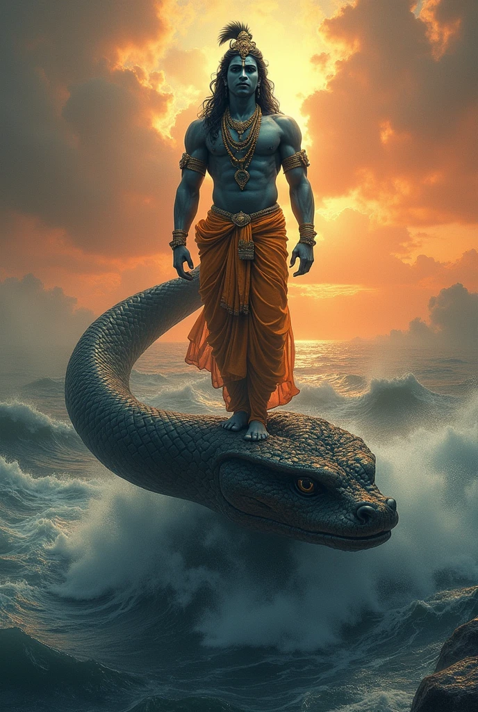 Make a photo of krishna ji with muscular body standing on head of searpent black in colour in a sea with a sky with full orange