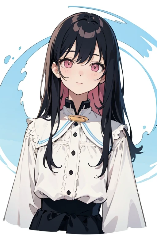 (Beautiful top quality illustrations:1.2), (cute:1.0), (1 person, alone:1.0), (smile:0.6), (Upper Body:1.0), (Very detailed, High resolution:1.0),Black Hair，Straight hair，Pale pink eyes，Tsundere