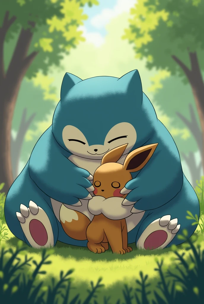 Snorlax and Eevee hugging