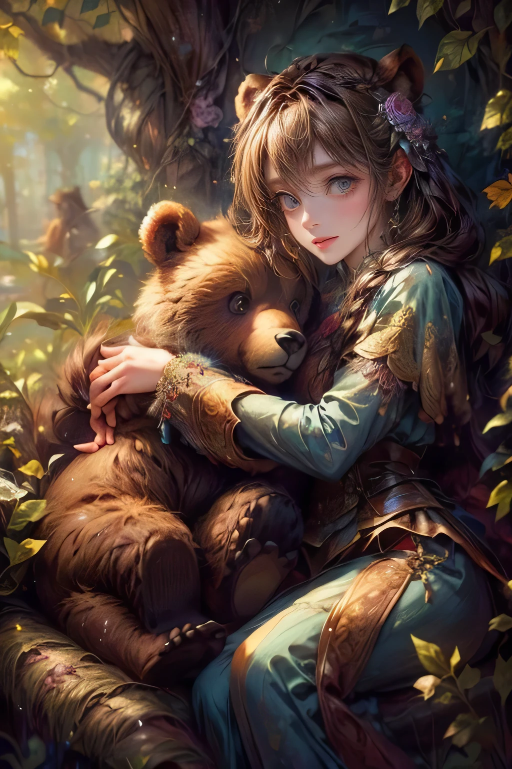 a girl is hugging a brown bear teddy bear in a floral forest setting, 1girl, bear ears, animal ears, flower, blue eyes, sitting, hair flower, long hair, hair ornament, bangs, stuffed toy, smile