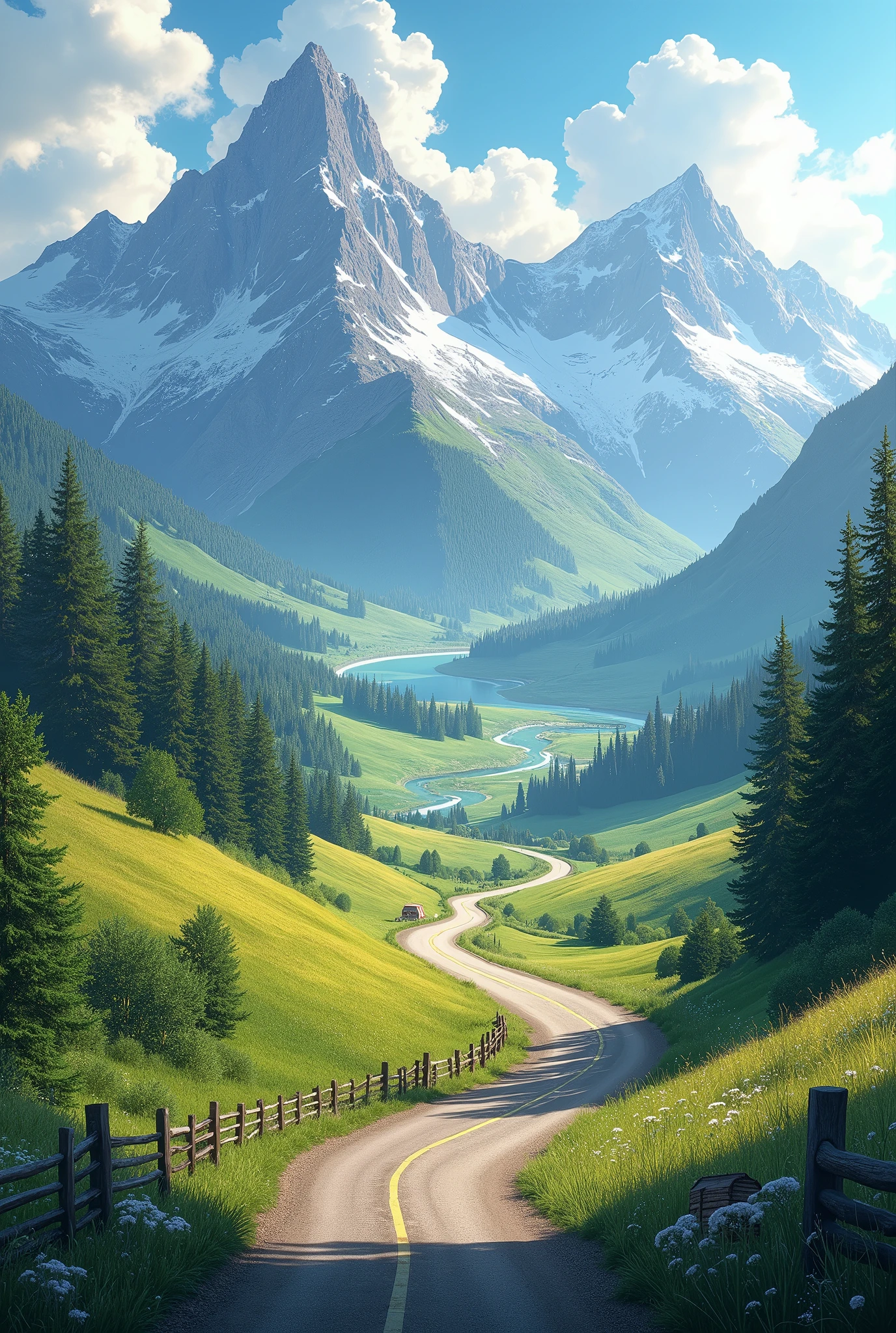Nature background mountains with single road