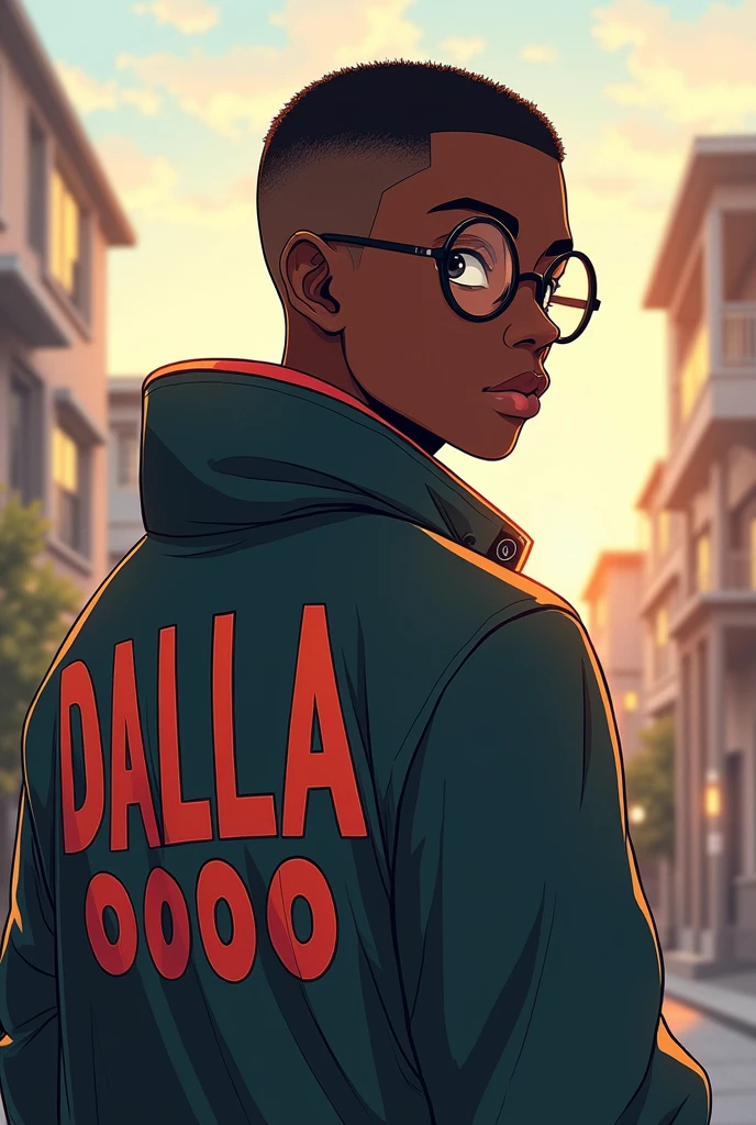 Create an anime drawing with shaved hair wearing circle style glasses with a coat that says DALLA0000 on the back in capital letters, ain't got a lot of hair, he is a young man with black skin, africana