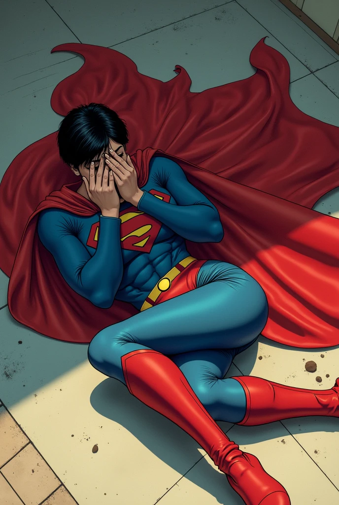 A woman with short hair dressed as Superman. with a cape. physically strong, lying on her side on the floor in the fetal position, crying with his hands on his face. Breaking down in tears. perspective from above. manga style