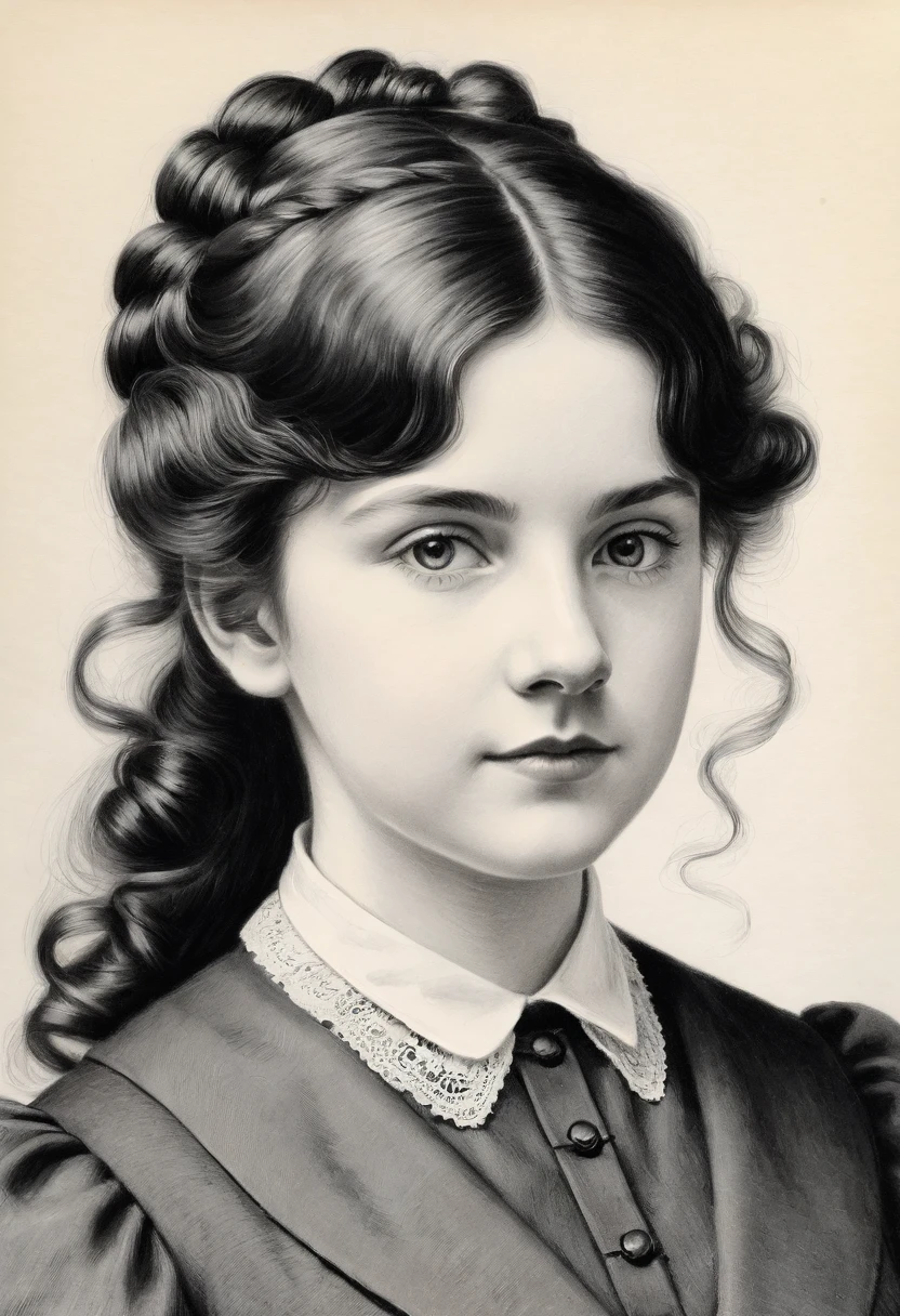 A pencil drawing of a young victorian governess, curly black hair. Kind and inteligent energy. Charlotte MASON