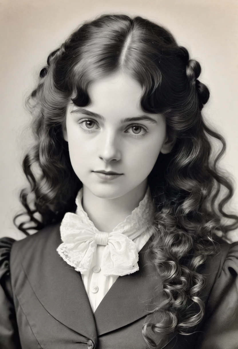 A pencil drawing of a young victorian governess, curly black hair. Kind and inteligent energy. Charlotte MASON