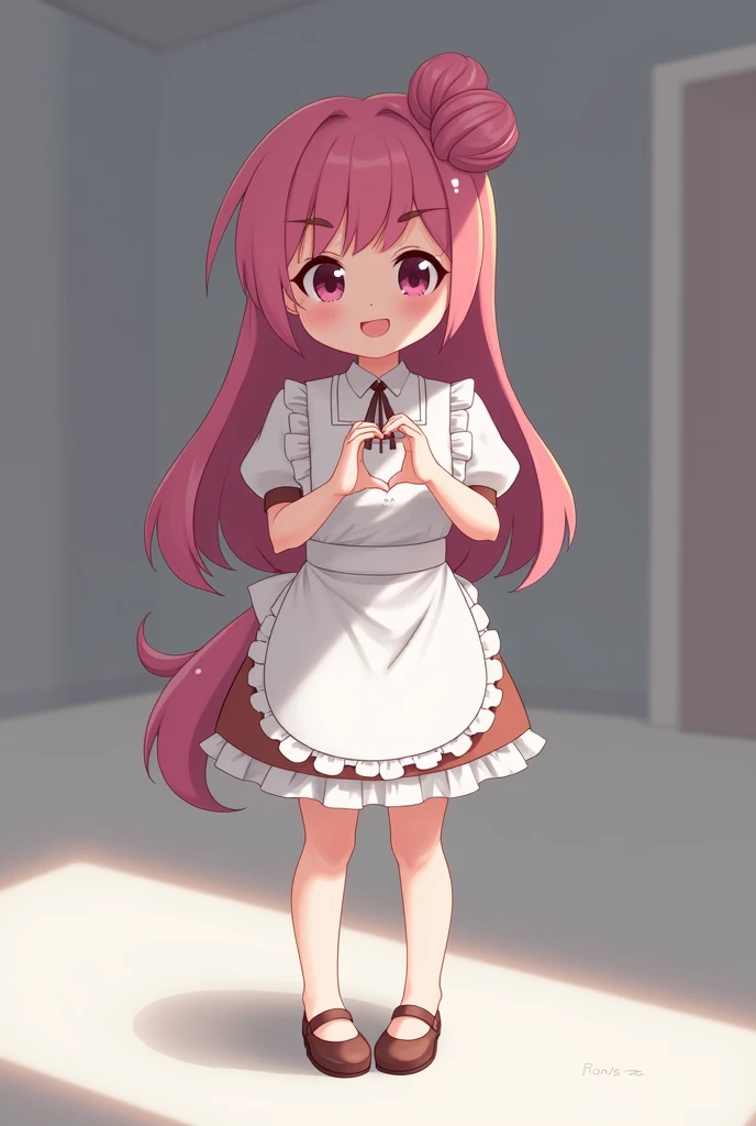 1 girl, apron, 弓, cube hair ornament, don, volantes, happiness (expression), hair ornament, Heart, Heart hands, long hair, looking away, housekeeper, housekeeper apron, housekeeper headdon, Mary Janes, one side up, pink hair, shadowed face, shoe, short don, standing alone, sweatdrop, thicc thighs, white thicc thighs, zetai ryouiki,
