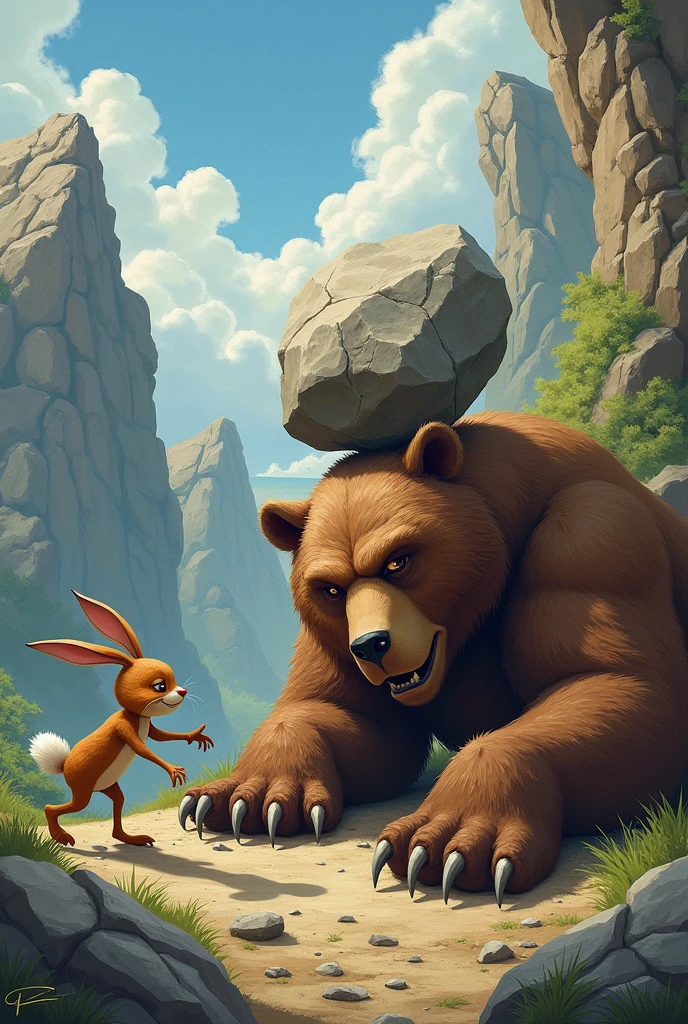 A rabbit knocks down a large rock on the head of an angry sleeping bear