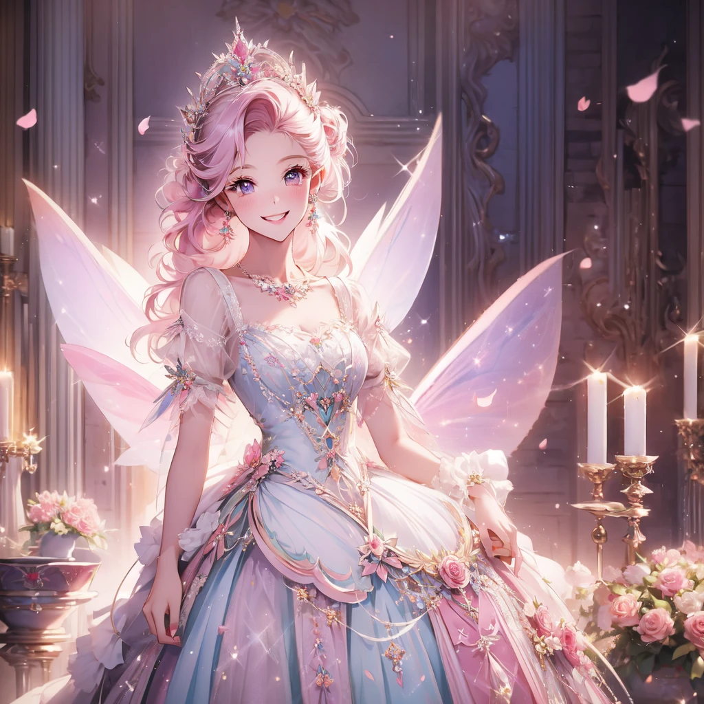 masterpiece,highest quality, very detailed, beautiful, exquisite, 16k, Full HD, confused,white background,((Upper body,half body photo)),((smile,Happy:1.5)),((Sparkling fluffy layered ball gown)), (Grasp the hem of your dress and bow slightly..),lots of flowers,((Surrounded by roses)),ruffles and rhinestones, ( table top, art station, fantasy art:1.2), Standing with an elegant smile,pastel colour,((giant white fairy wings))、white skin,gradient hair, pink hair, hair blowing in the wind, wavy hair,fluffy hair,tiara,lavender eyes, long eyelashes, beautiful eyes、pale pink cheeks,pointy ears, bright eyes,dazzling light, warm lighting,