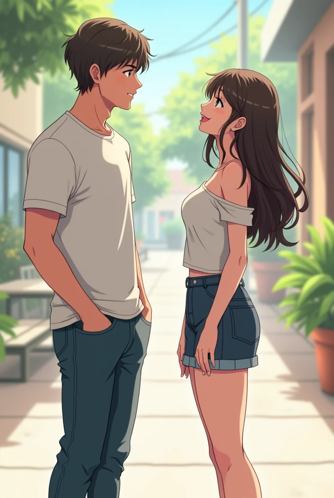 An handsome young man talking to a beautiful woman, the man is wearing a casual t-shirt, and a jeans pants, the woman is wearing a beautiful off sholder shirt and a little skirt, they are both smiling, they are both in their twenties, they aren't too close too each other, they are distant, they aren't touching each other, no background, anime style, realistic wide shot, daylight scene 