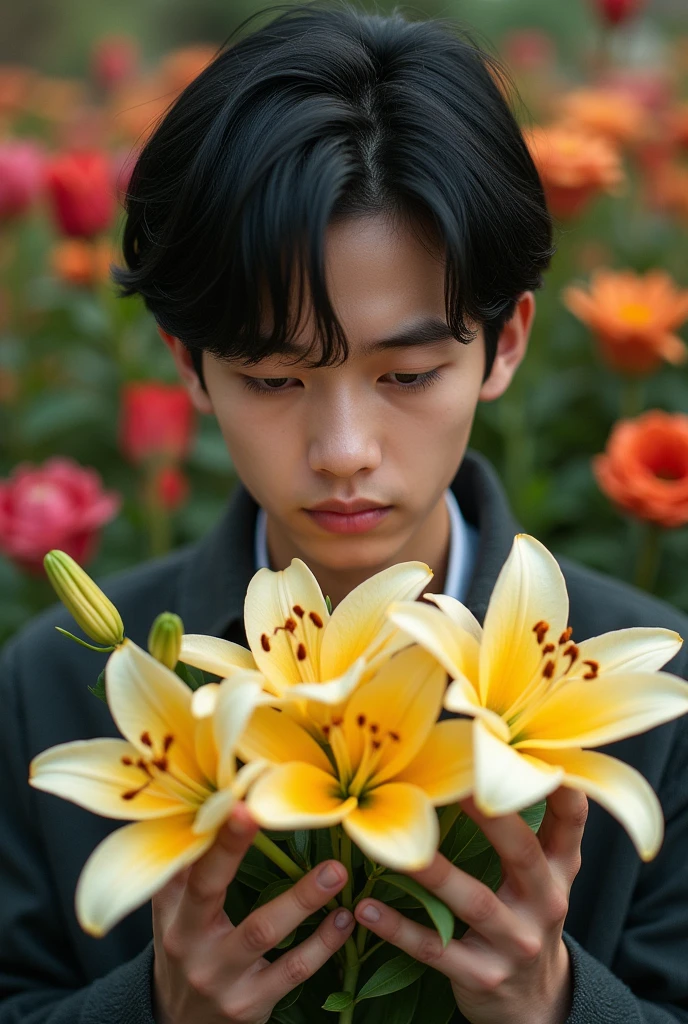   A male , black medium hair,school clothing, focus, face and hands, scenery of various flowers, lilies, hands holding bunch of lilies, 8k, brute, Noor Labib Named