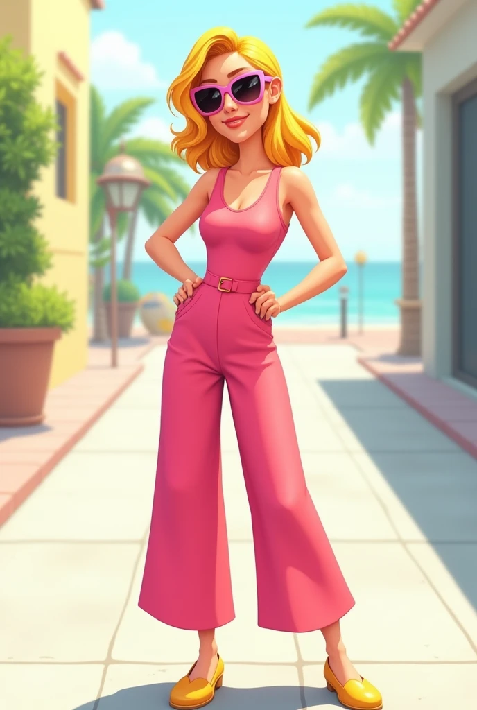 Blonde woman cartoon, 1,50m high, 70 kilos in weight, with wide pink jumpsuit, with sunglasses, with the right hand on the waist and the left hand loose, sidewalk with golden shoes, with legs together.