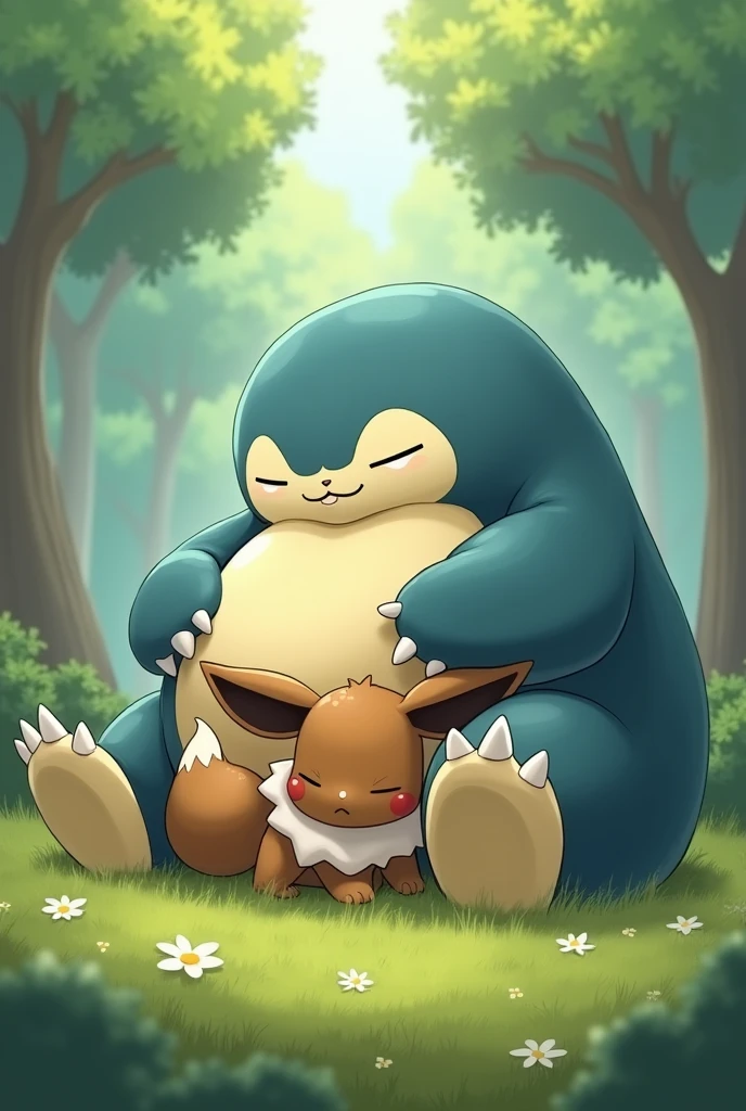 Snorlax and Eevee hugging
