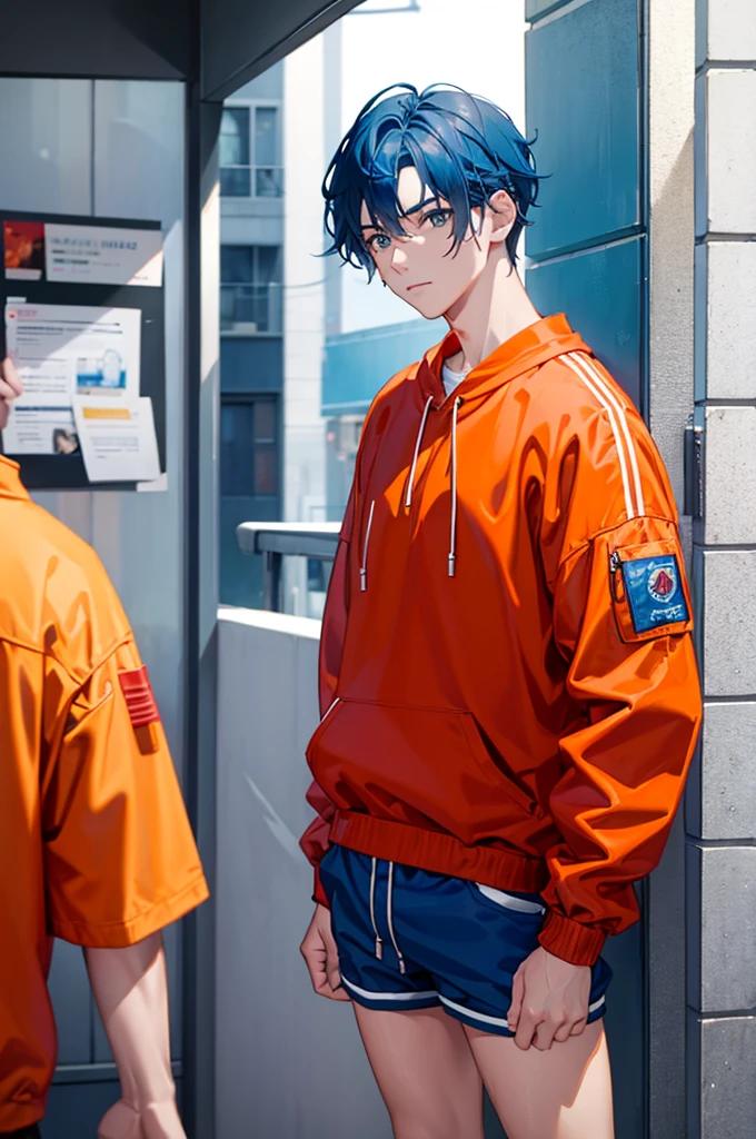 Man, blue hair, orange jacket, red shirt, wearing shorts