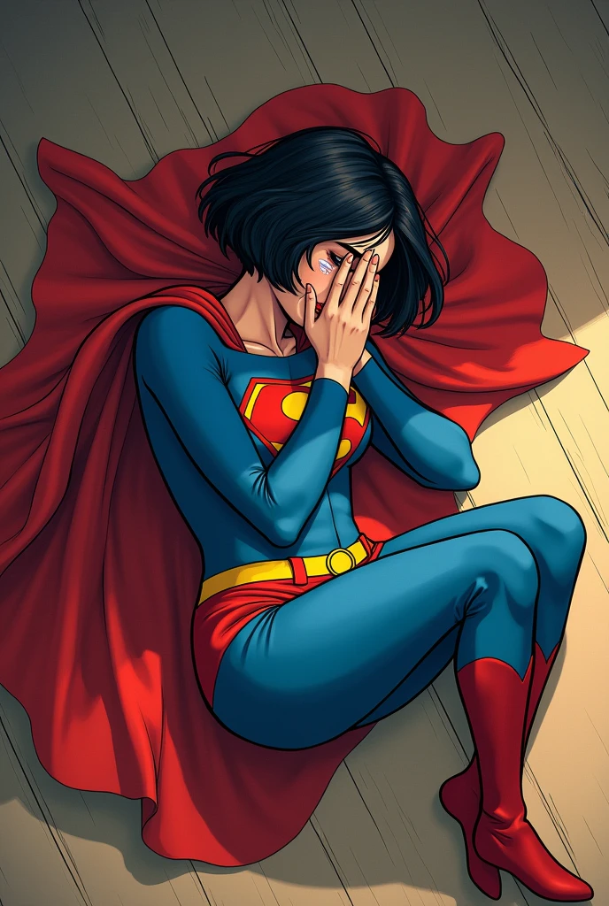 A woman with short hair dressed as Superman. with a cape. physically strong, lying on her side on the floor in the fetal position, crying with his hands on his face. Breaking down in tears. perspective from above. manga style.