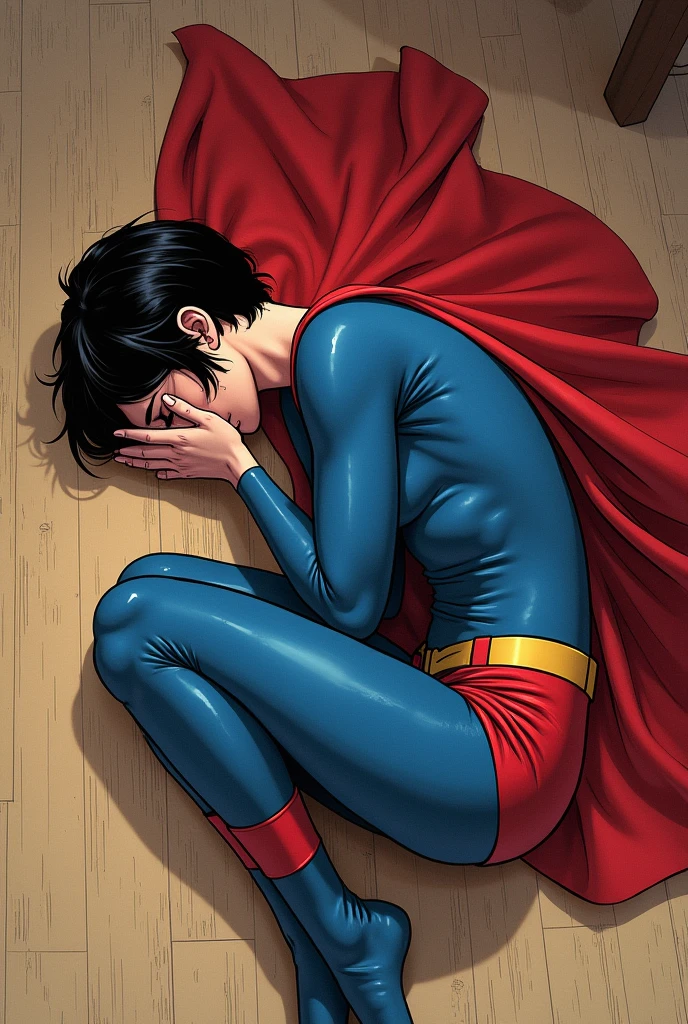 A woman with short hair dressed as Superman. with a cape. physically strong, lying on her side on the floor in the fetal position, crying with his hands on his face. Breaking down in tears. perspective from above. manga style.