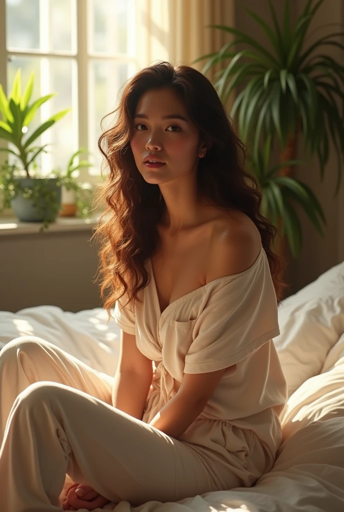 (photorealism:1.2), beautiful woman, sitting on bed, wearing loose off-shoulder top, pajama pants, long curly hair, indoors, soft lighting, plants in background, window with sunlight, cozy room, relaxed pose, realistic, intricate details, warm colors, by Greg Rutkowski, by Alphonse Mucha