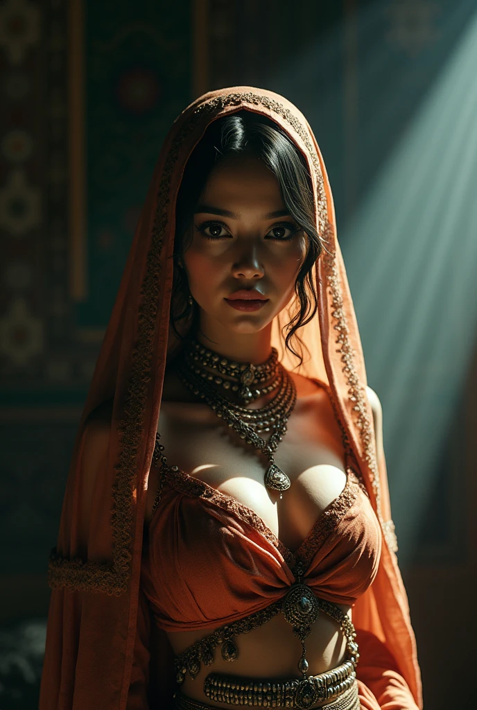 forst, belly dancer, mongol, hijab, neckleace, reflection light, Bright dark, Depth of field, cinematic lighting, ray tracing, Sony FE GM, ultra HD, super detaill, work of art, texturized skin, High details, best qualityer, awardwinning，3d,HDR（high-range dynamics）,ray tracing,nvidia RTX,Hyper-resolution,Irreal 5,underground dispersal、PBR Texture、post-proces、Anisotropy Filtering、Depth of fields、maximum definition and sharpness、Multi-layered textures、Albedo and Specular maps、Surface coloring、Accurate Octane Rendering Simulation of Light-Material Interactions、Two-colored light、large aperture、Low ISO、White balance、the rule of thirds、8K raw data