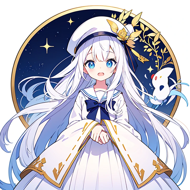 Mouth open、There is a gap on the top of the hat、Pure white background、Standing still、Hands at sides、White hat with gold decoration、Long white hair、Sailor'White uniform