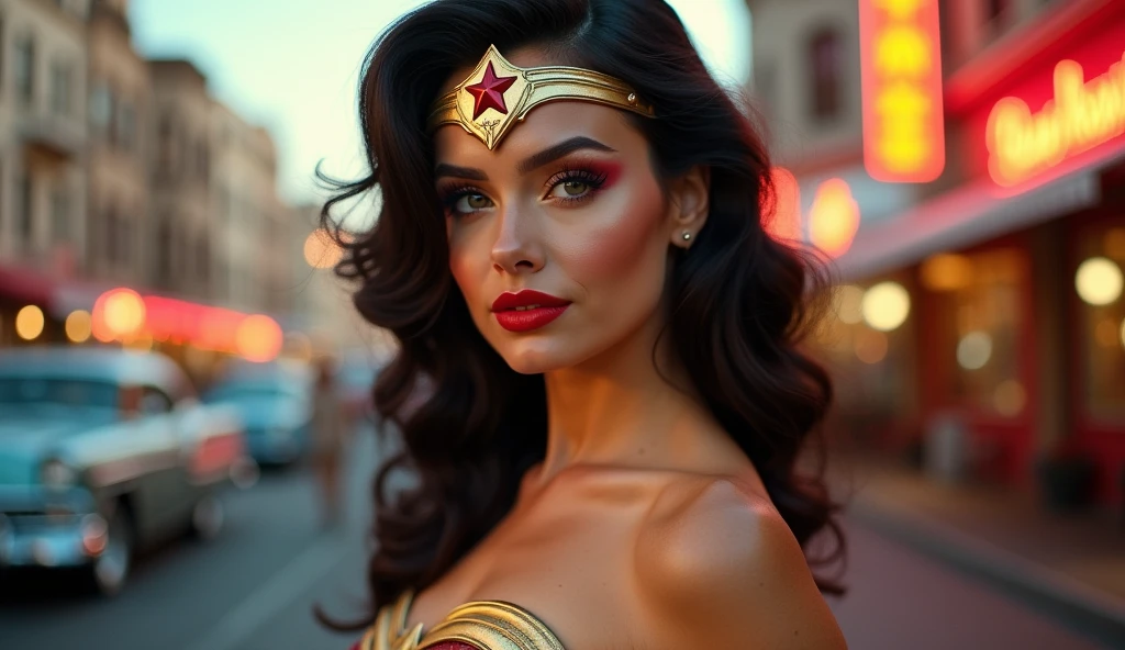 "Create an ultra-high quality, realistic close-up image of Wonder Woman inspired by the 1950s, as if captured on Super Panavision 70 film. She should embody the classic glamour and strength of the era, with meticulous details visible in her costume and expression. Her iconic outfit should have a vintage twist, with a retro corset top, star-spangled high-waisted shorts, and a classic tiara. The colors should be rich and slightly muted, reflecting the film style of the 1950s. Her face should be a close-up, showcasing flawless makeup with winged eyeliner, red lipstick, and perfectly styled soft waves in her hair. The background should feature a vibrant 1950s city view, with bustling markets, neon signs, and classic cars lining the streets. The close-up should capture the texture of her skin, the shine of her costume, and the intensity in her eyes, giving a cinematic feel reminiscent of Super Panavision 70's detailed, wide-screen format. The overall image should evoke a sense of power and elegance, with every detail enhanced to give a lifelike, realistic appearance within the dynamic cityscape setting."