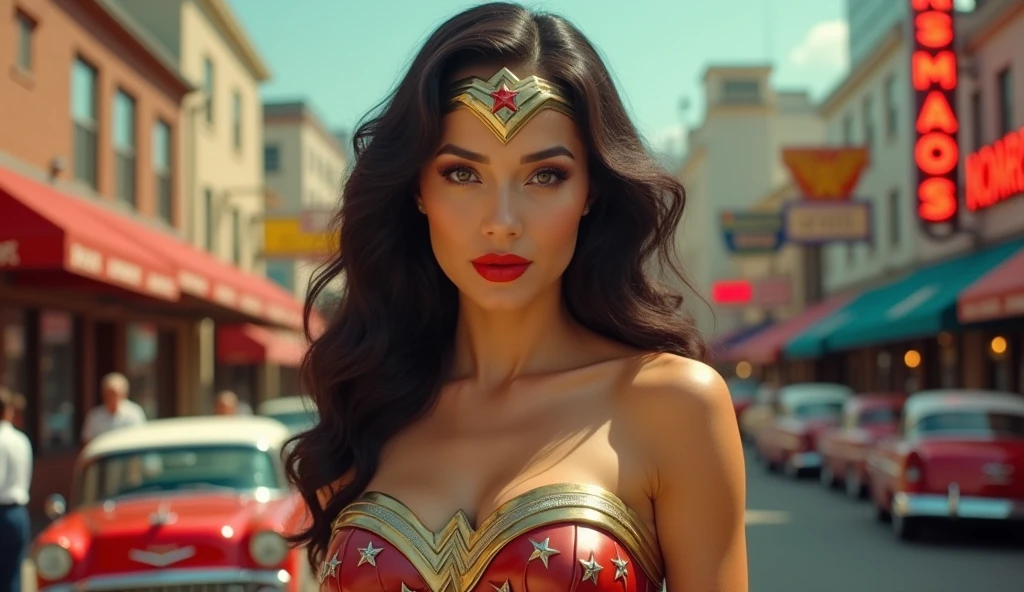 "Create an ultra-high quality, realistic close-up image of Wonder Woman inspired by the 1950s, as if captured on Super Panavision 70 film. She should embody the classic glamour and strength of the era, with meticulous details visible in her costume and expression. Her iconic outfit should have a vintage twist, with a retro corset top, star-spangled high-waisted shorts, and a classic tiara. The colors should be rich and slightly muted, reflecting the film style of the 1950s. Her face should be a close-up, showcasing flawless makeup with winged eyeliner, red lipstick, and perfectly styled soft waves in her hair. The background should feature a vibrant 1950s city view, with bustling markets, neon signs, and classic cars lining the streets. The close-up should capture the texture of her skin, the shine of her costume, and the intensity in her eyes, giving a cinematic feel reminiscent of Super Panavision 70's detailed, wide-screen format. The overall image should evoke a sense of power and elegance, with every detail enhanced to give a lifelike, realistic appearance within the dynamic cityscape setting."