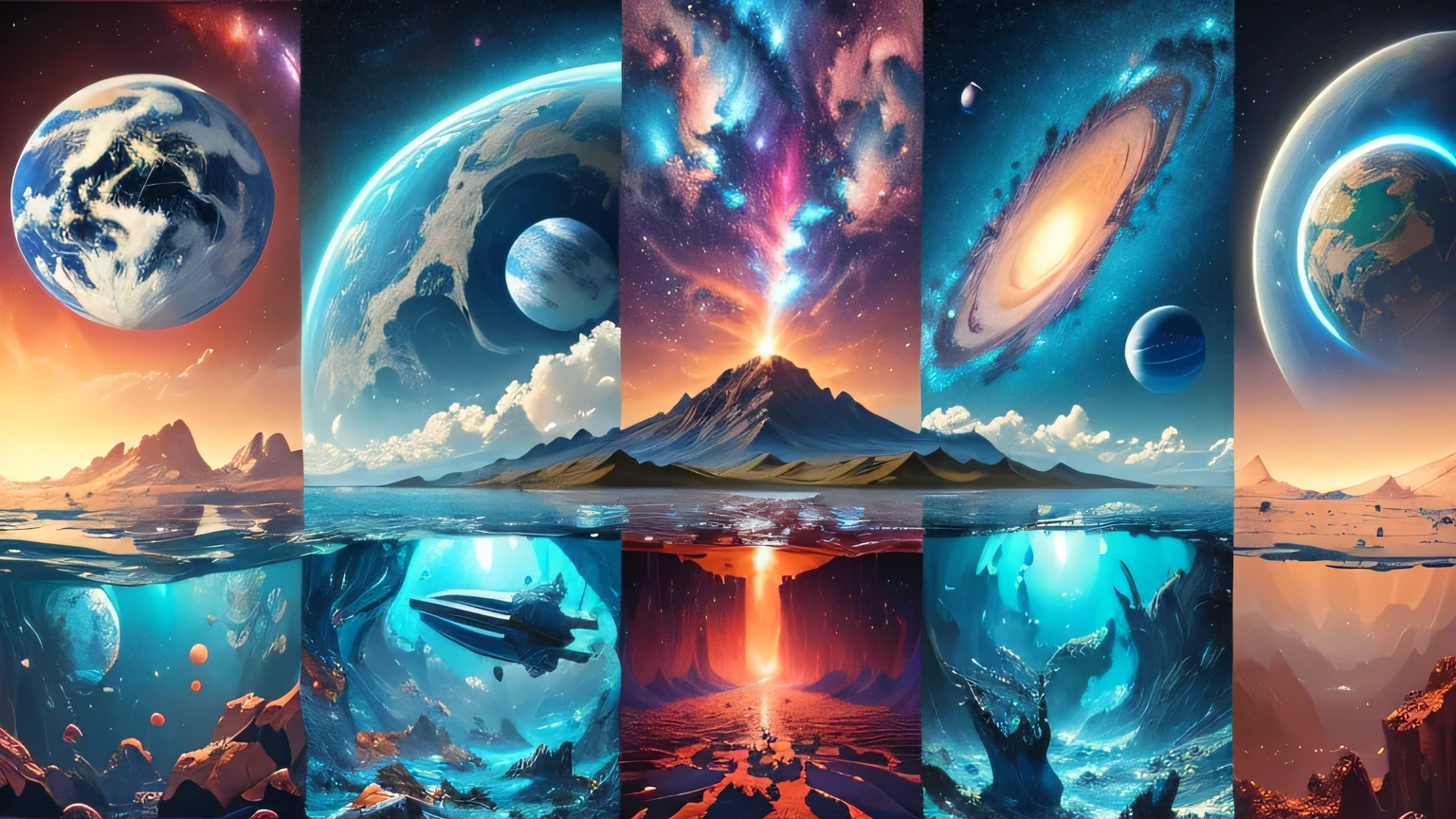 a group of photos of different planets and a person swimming, Stunning 8k art, Bela arte UHD 4K, highly detailed digital art in 4k, highly detailed 4 k art, highly detailed 4 k art, 8k epic surrealism oil painting, otherworldly visuals, Highly detailed 8k artwork, amazing wallpaper, surreal space, beep masterpiece