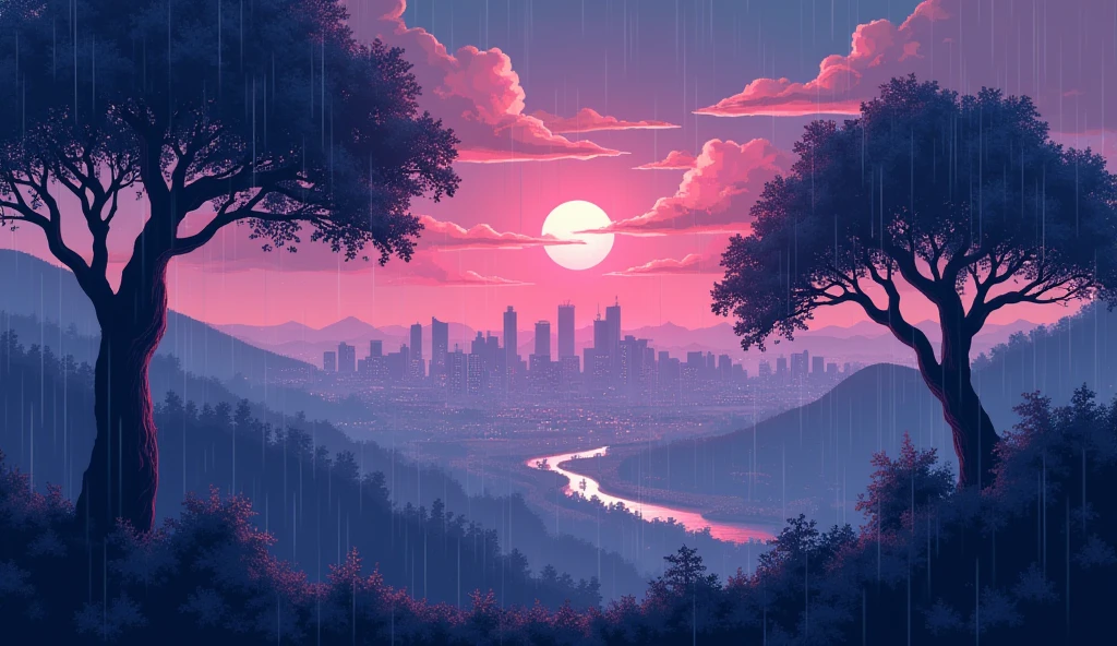 High resolution, pixel landscape cityscape chill lofi 90s rain tree