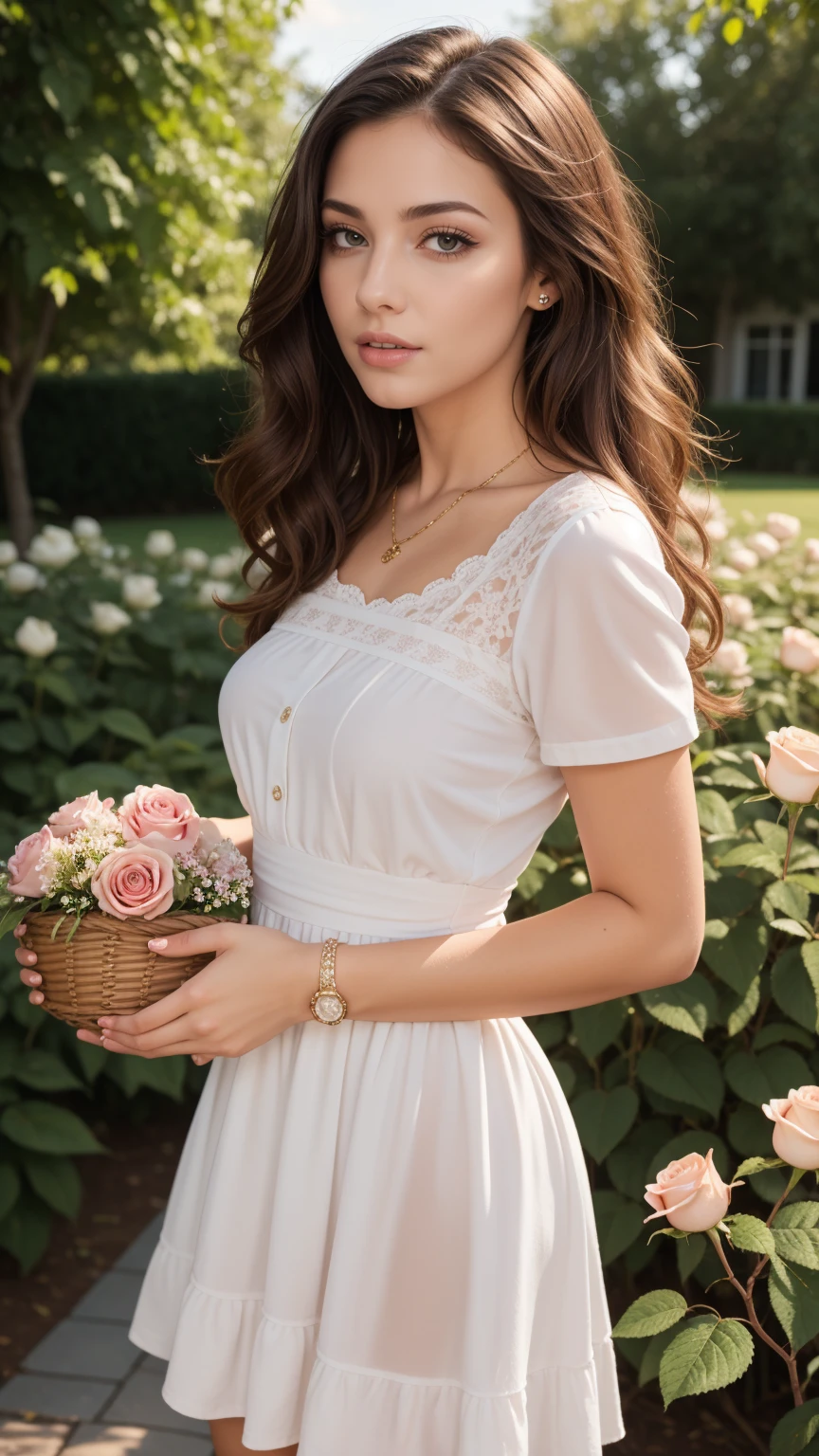 best quality, masterpiece, 4k, uncensored, prefect lighting, rating_explicit, very aesthetic, 1girl, solo, curly hair, messy hair, long hair, looking at viewer, brown hair, black hair, dress, holding, upper body, flower, short sleeves, outdoors, white dress, lips, rose, leaf, pink flower, realistic, basket, Detailed, unique, trendy, professional