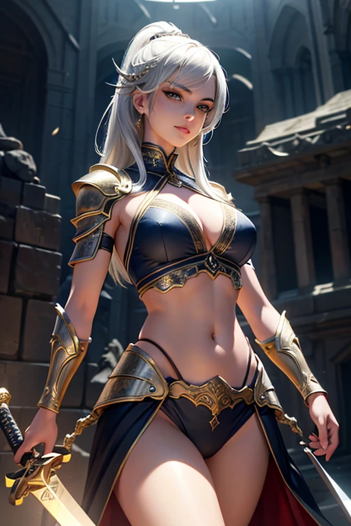 beautiful detailed eyes, beautiful detailed lips, extremely detailed eyes and face, longeyelashes, 1girl, woman, warrior, swordswoman, confident smile, navel visible, shiny metal sword, intricate armor, dramatic lighting, dramatic pose, epic fantasy, digital art, highly detailed, award winning, ultra detailed, hyperrealistic, octane render, cinematic lighting, dramatic shadows, volumetric lighting, 4k, 8k, highres, masterpiece:1.2, ultra-detailed, realistic:1.37