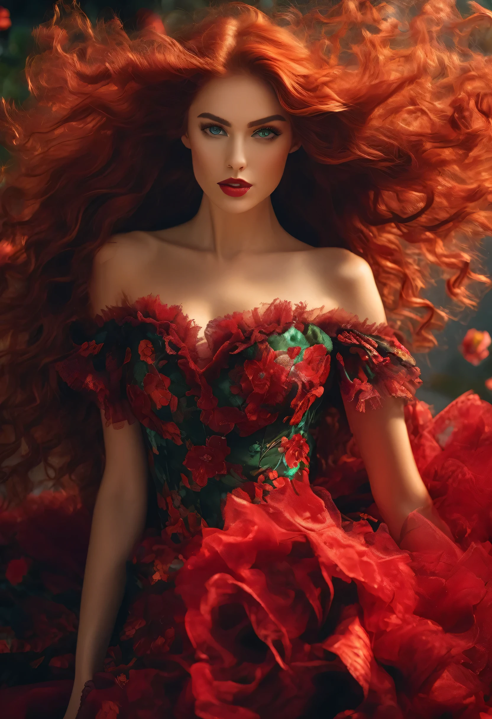 "A young woman in her 20s with a captivating look. Her elongated green eyes are framed by long lengths and well-shaped eyebrows. A vibrant red mouth complements the glowing skin of her face. Her long red hair, falling in defined curls on one side from the head, are highlighted by a soft light emanating from behind. She wears a black and red floral tulle dress, with many detailed ruffles and exposed shoulders. highlight the scene. The image is in very high UHD quality, with meticulous attention to detail, in the highest quality, UHD.