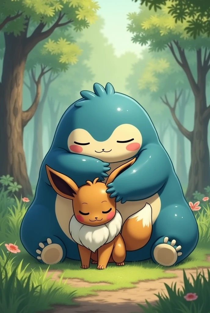 Snorlax and Eevee hugging