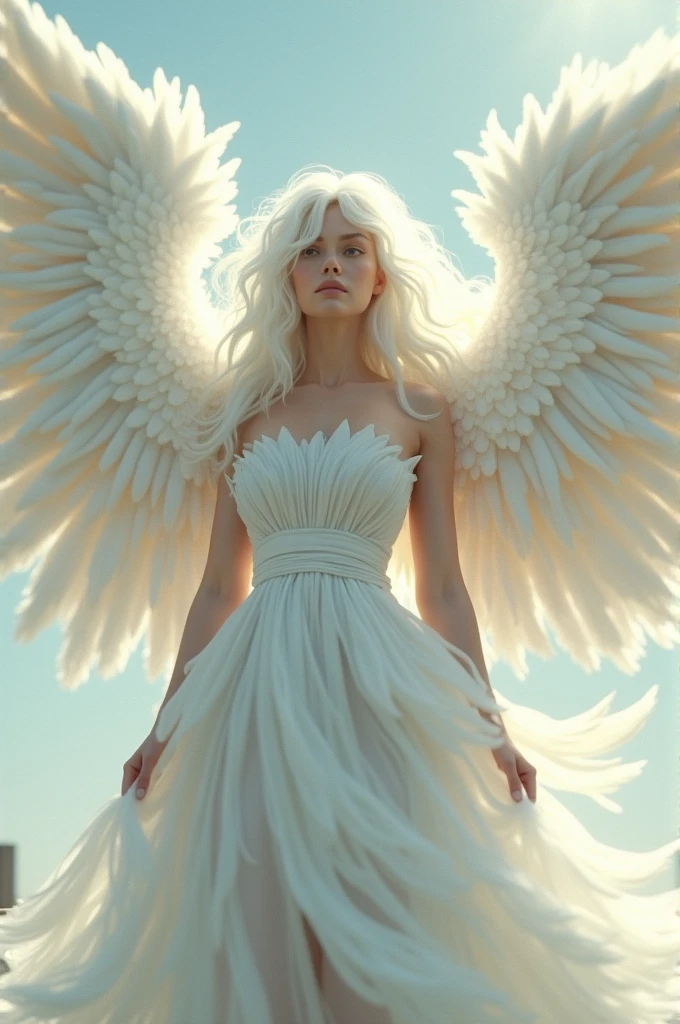 Create an angel with a long white dress and lots of details, it has to be very full, make her with very long white hair, large wings divided into six parts and I also have angelic feathers covering my eyes as if it were a mask 