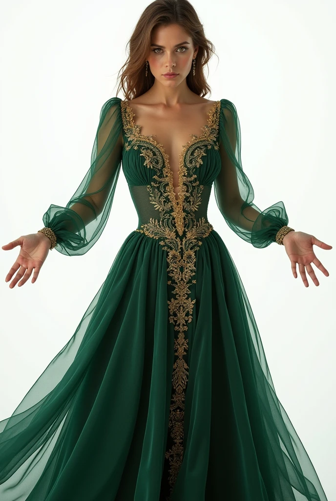 A beautiful russian girl wearing dark green and golden dress, pointing both hand in opposite direction showing viewers with white background