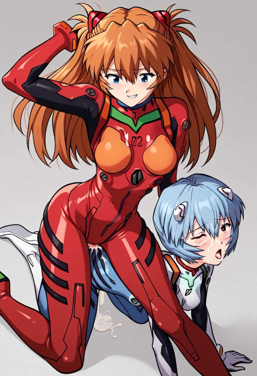 (Highest quality, High resolution), ((Two people)), ((ayanami gives sex to souryuu_明日香_langley:1.4)), , (bukkake), futanari, doggy style, sex, (ayanami),  (souryuu_明日香_langley, bodysuit, red_bodysuit, neon_Genesis_evangelion, medium_breasts, plugsuit), (nsfw)