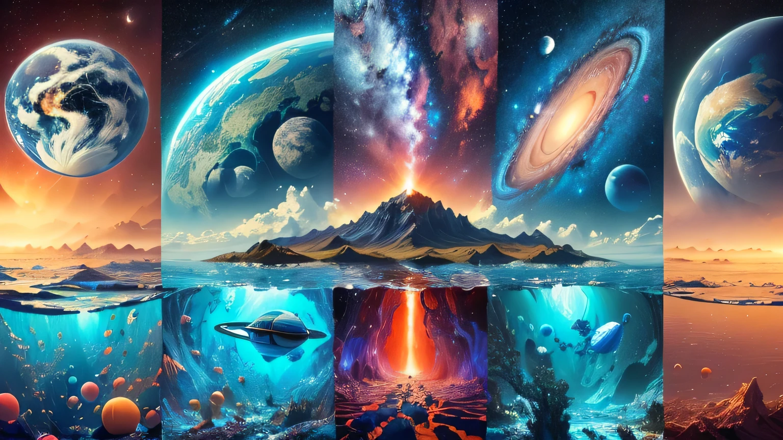 a group of photos of different planets and a person swimming, Stunning 8k art, Bela arte UHD 4K, highly detailed digital art in 4k, highly detailed 4 k art, highly detailed 4 k art, 8k epic surrealism oil painting, otherworldly visuals, Highly detailed 8k artwork, amazing wallpaper, surreal space, beep masterpiece