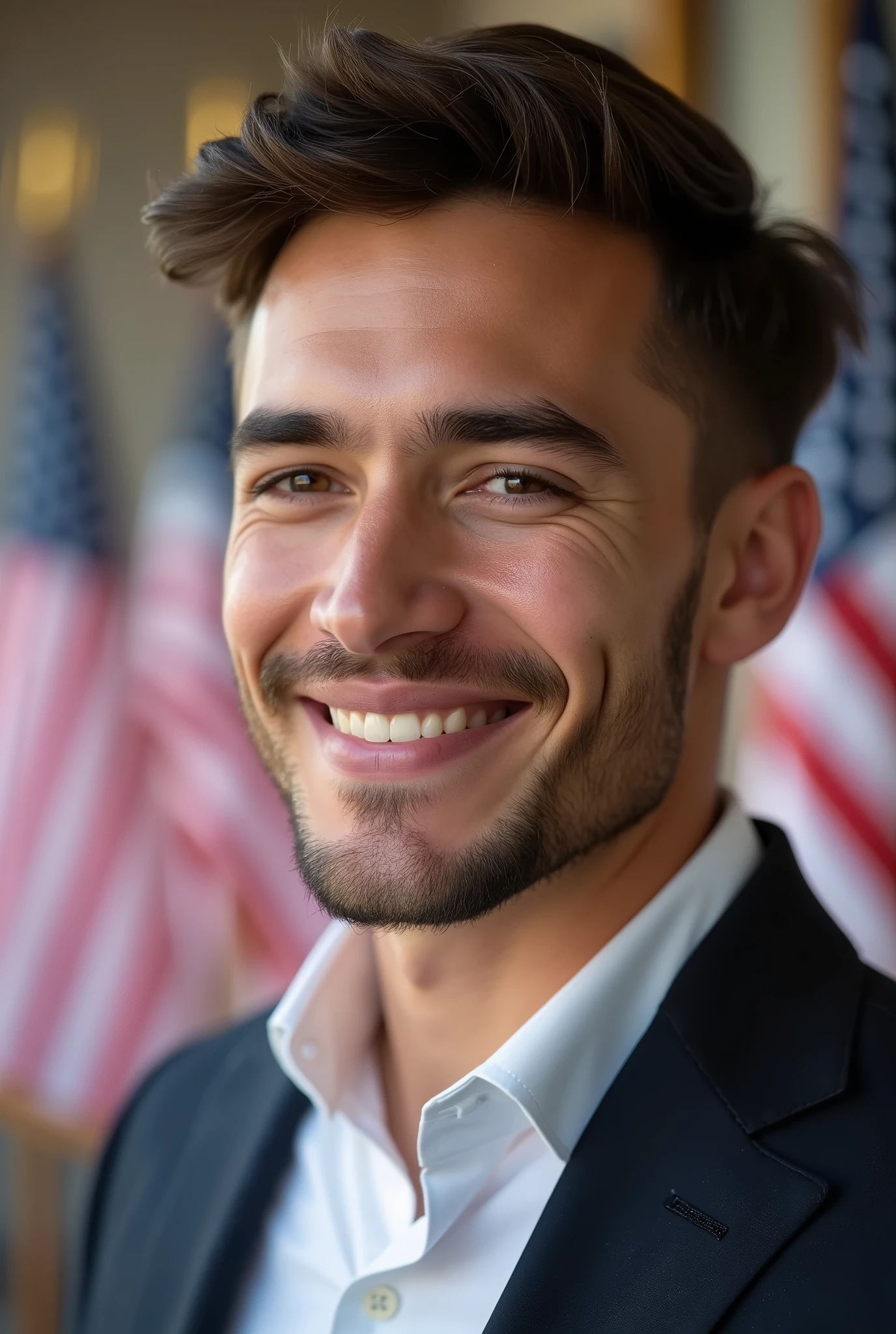 Close-up shot of a Smiled young man casting his vote for the USA presidential election wearing elegant clothes, American flags, blurred background,  natural lighting, stock photography