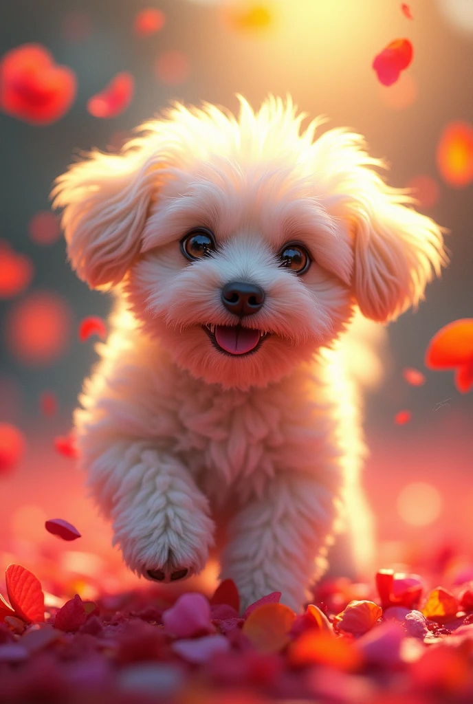 Bichon,high resolution,Adding details,Warm light and shadow,Ambient Light,Bright,Colorful petals fly