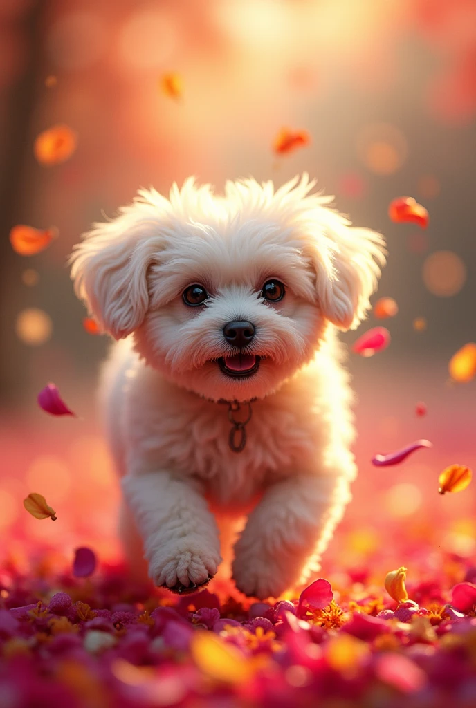 Bichon,high resolution,Adding details,Warm light and shadow,Ambient Light,Bright,Colorful petals fly