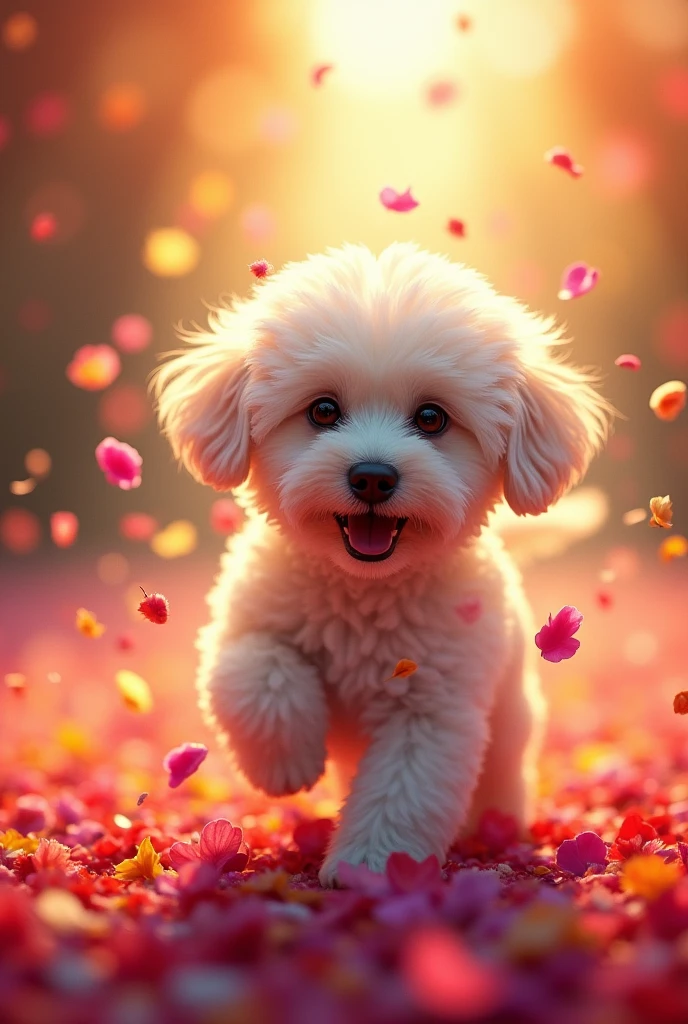 Bichon,high resolution,Adding details,Warm light and shadow,Ambient Light,Bright,Colorful petals fly