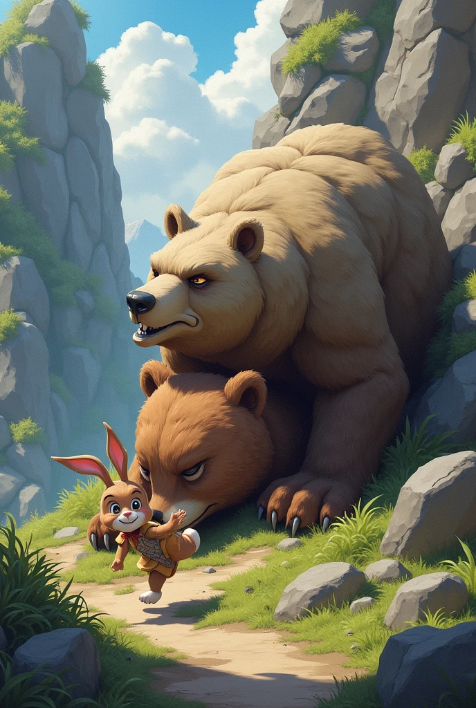 A rabbit knocks down a large rock on the head of an angry sleeping bear