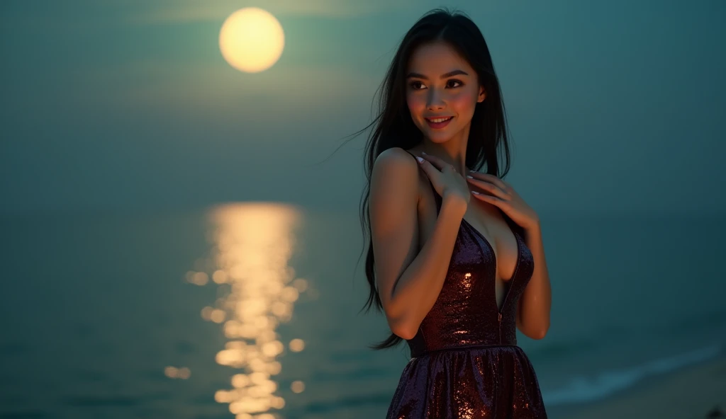 8K, ultra-realistic, hyper-realistic, photorealistic, masterpiece, ultra-detailed, natural lighting, HDR, professional rendering, sharp focus, true-to-life colors, textured surfaces: Create an image of a single, confident 2 Filipina woman with an hourglass body shape, slightly curvy, standing at 5'4". She has fair skin, long and thick hair, and a small heart-shaped face with subtle cheekbones and a rounded chin. Her nose is delicate, pointy, and . She is standing still on a seashore with the moonlight shining on the water, creating a shimmering reflection. She is wearing a slutty and alluring evening dress that hugs her curves, with a deep neckline, high slit, or sheer details to enhance the seductive look. The dress is in a rich, captivating color, such as deep burgundy, royal blue, or emerald green. The camera captures a close-up shot of her with one arm gracefully extended or resting by her side, with her other hand gently touching her face or adjusting her dress. Her expression is relaxed and confident, with a warm, inviting smile. The moonlight casts a gentle glow on the scene, adding a romantic and serene ambiance to the tranquil seashore setting.