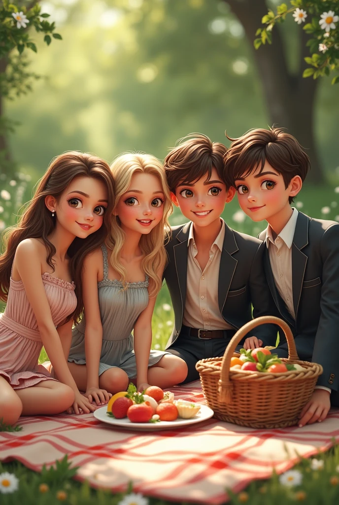 a group of friends with 2 girls one with blonde hair and the other with brown hair and 2 boys with brown hair realistic style they are on a picnic 2 boys! Front view as if they were taking a photo wearing fancy clothes, it's important that there are four people