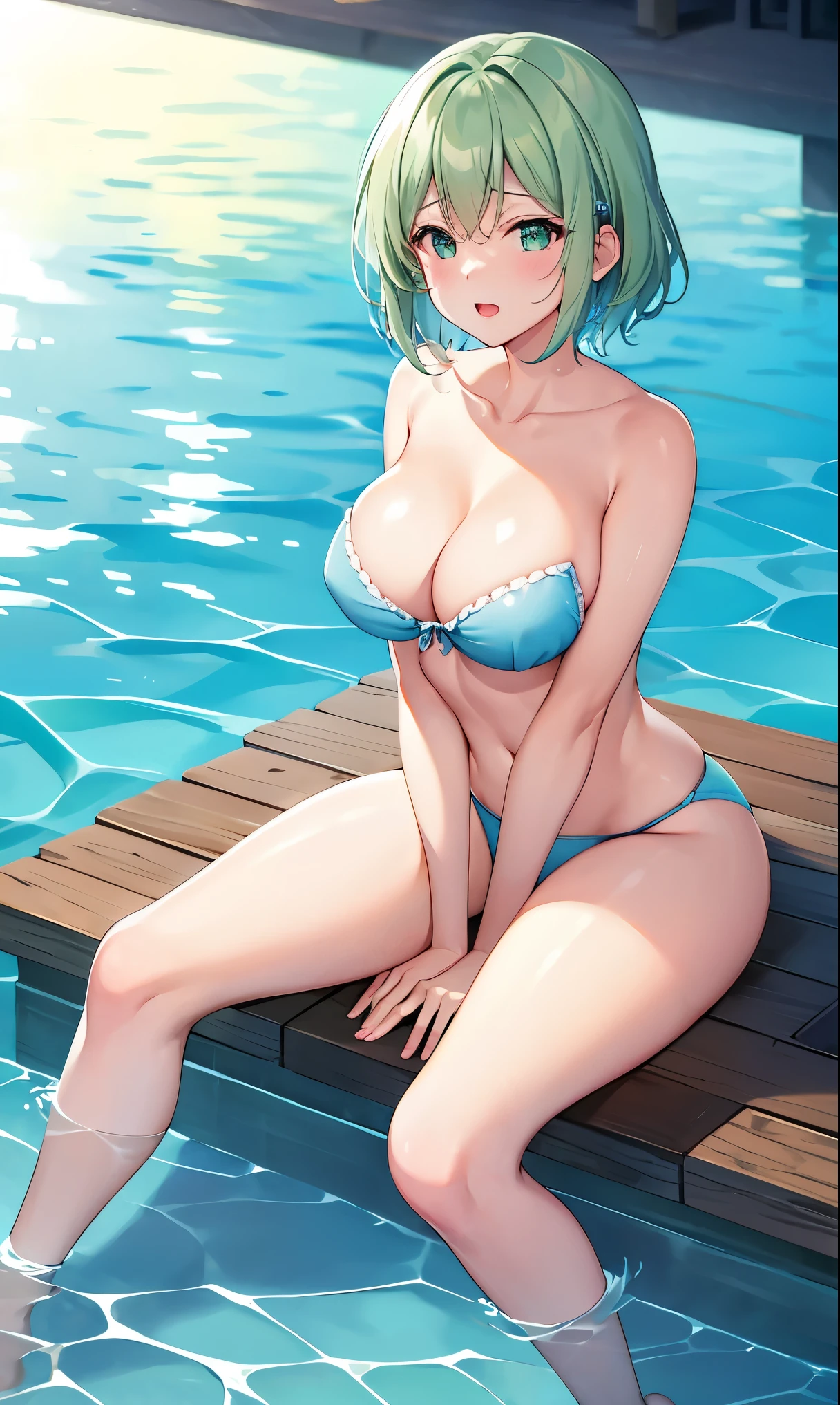 Short green hair, The chest is medium, Green Eyes, 、(tits),The whole body from head to toe写真,、、(Clear Face)(Best Quality, High resolution, Super detailed),, (Vivid and colorful, The chest is clearly in focus),(Soft Breasts:1.2)、naked、Slingshot、Exposed chest,The whole body from head to toe、((Lift the chest)),、、(((In the water)))、Lying on a mat and playing with bubbles、、Swimming in the water、deep sea、sexy、Masturbation