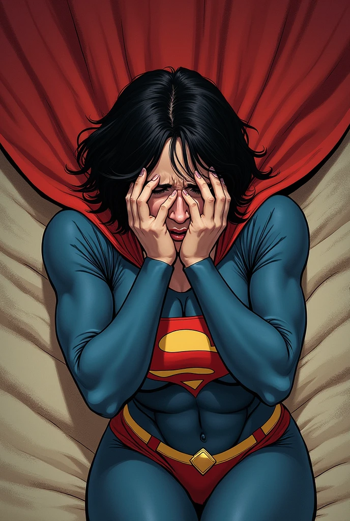 A tall woman, short hair dressed as superman. with a cape. physically strong, lying on her side on the floor in the fetal position, crying with his hands on his face. Breaking down in tears. perspective from above. manga style.