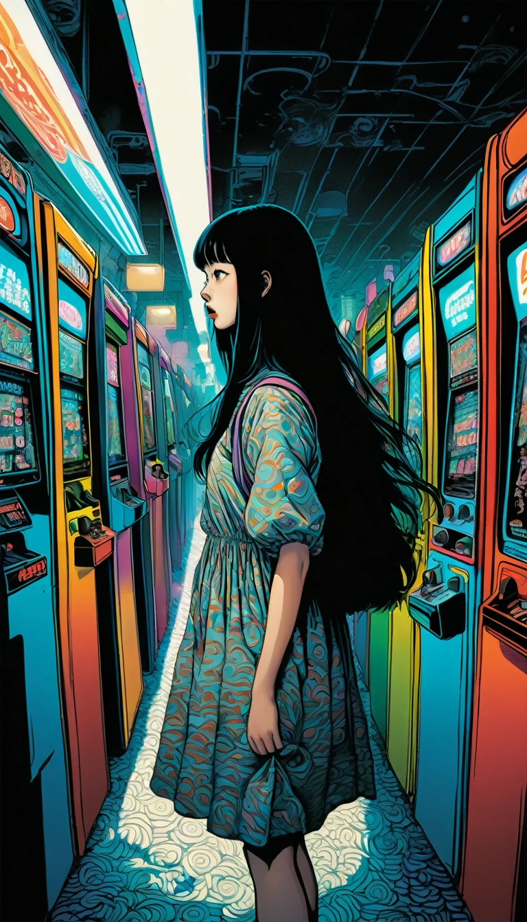 An illustration、art、Supervised by Junji Ito、Overaction、Overreaction、Pretending to be scared、Attention to detail, Realistic shadows、Analog Style, chromatic aberration, Surrealism、Arcade