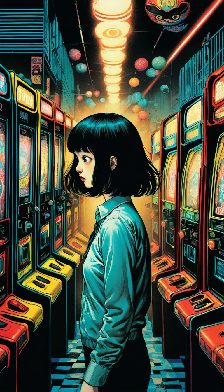 An illustration、art、Supervised by Junji Ito、Overaction、Overreaction、Pretending to be scared、Attention to detail, Realistic shadows、Analog Style, chromatic aberration, Surrealism、Arcade