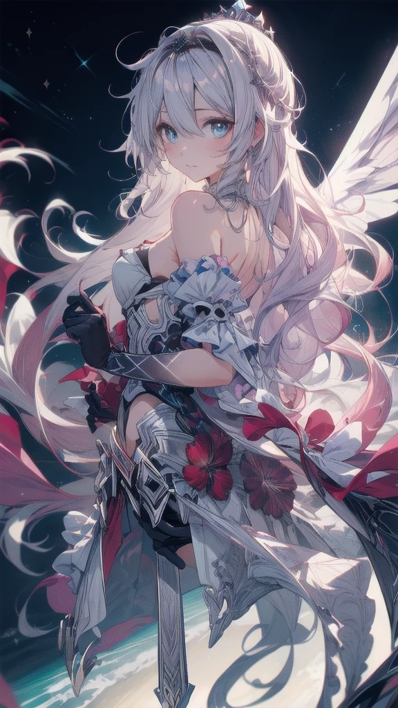 ((full body)),1 person, alone, whole body, (Highest quality,8k,High resolution,masterpiece:1.2),Very detailed,(anime), Lord of the End, Kiana \ (Serious Impact 3)very long white hair, blue eyes, alone, Very detailed顔の特徴, Fine and beautiful eyes, cute, Looking at the audience, Shooting from above, Fantasy Landscape, Bright colors, loose fitting dress, Rich details, Rich environment, Golden Ratio